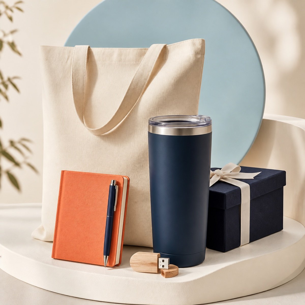Premium promotional tote bag, tumbler, notebook, pen, gift box and wooden USB drive